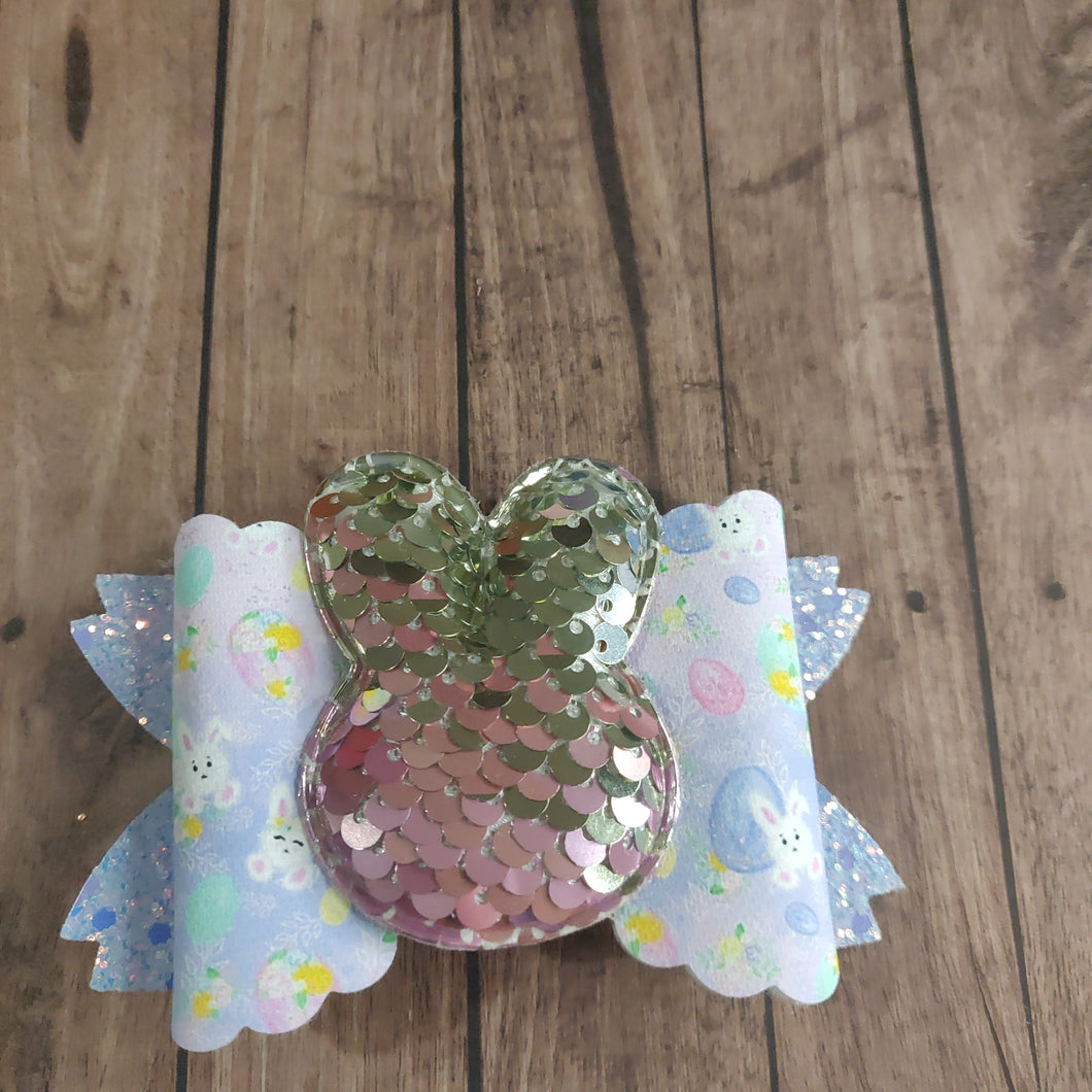 Easter Bunny Hair Bow With A Padded Colour Change Sequin Centre